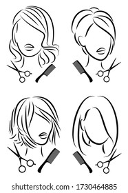 Collection. Silhouette of a cute lady. The girl shows a hairstyle on medium and long hair and scissors. Suitable for logo, hairdresser advertising. Vector illustration set.