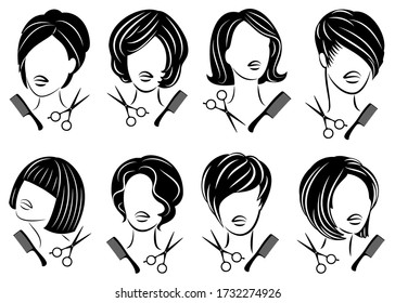 Collection. Silhouette of a cute lady. The girl shows a hairstyle on medium and short hair and scissors. Suitable for logo, hairdresser advertising. Vector illustration set.