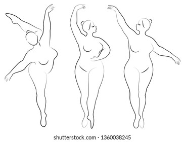 Collection. Silhouette of a cute lady, she is dancing ballet. Woman is overweight. The girl is plump and slim. Woman is ballerina, gymnast. Vector illustration set.