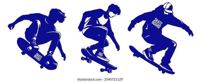 collection of silhouette designs of various poses of people playing skateboarding