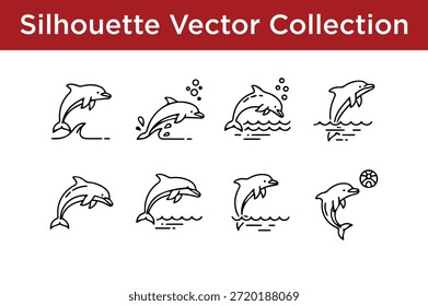 Colección de Vectores de delfines de silueta aislados sobre fondo blanco
