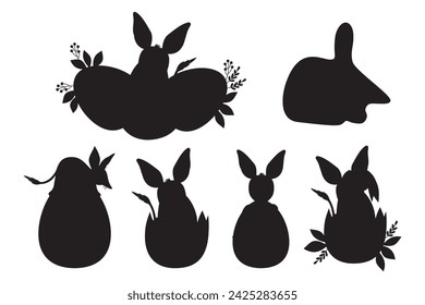 Collection silhouette drawing Australian animal bilby with Easter eggs. Isolated black  hand drawing for festive paschal design and decor. Vector illustration