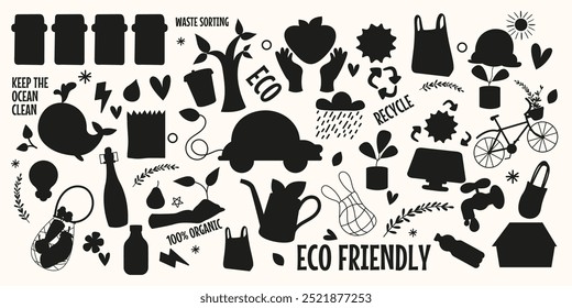 Collection silhouette ecology friendly cute elements 