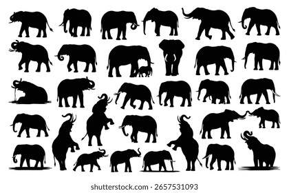 Coleção de Elefante Silhueta em Poses Diferentes. Elefante negro isolado no fundo branco. Ilustração vetorial de várias atividades do elefante