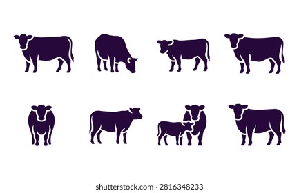 Collection of silhouette farm animals including cows and calves in various poses isolated on transparent background