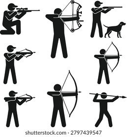 Collection of silhouette figures demonstrating archery rifle and spear hunting techniques. Useful for sport and outdoor recreation concepts.