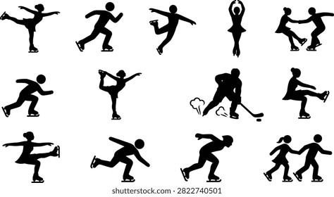 A collection of silhouette figures showing ice skaters in different poses including hockey, figure skating, pairs, and speed skating.