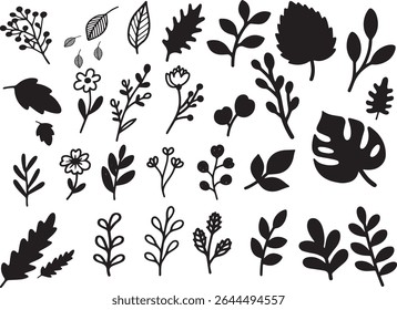 Collection of silhouette flower and leaf elements black design on Transparant background
