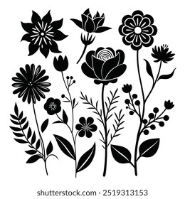 Una Colección de diseño de Vector de flores de silueta.