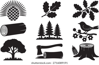 Colección de siluetas de Elementos forestales. Contiene siluetas de cono de pino, hojas de roble, ramas de árbol, troncos, árboles del bosque, pájaro en rama, árbol caducifolio, hacha y tocón de árbol. Se puede utilizar para varios diseños como logotipos, decoraciones, patrones, estampados y fondos relacionados con la naturaleza, los bosques o el aire libre. Los Elementos forestales se pueden utilizar en proyectos de ecología, conservación, acampada y carpintería.