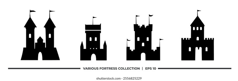 A collection of silhouette fortress designs with flags, suitable for graphic resources.