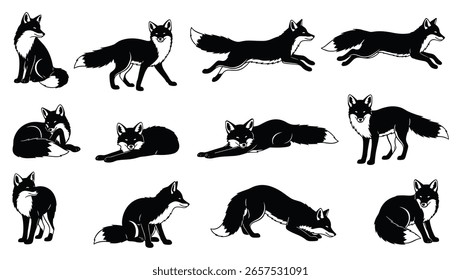 Collection of Silhouette Fox in Different Poses. Black Fox Isolated on White Background. Vector Illustration of Various Fox Activities