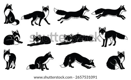 Collection of Silhouette Fox in Different Poses. Black Fox Isolated on White Background. Vector Illustration of Various Fox Activities