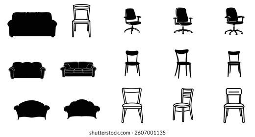 Collection Of Silhouette Furniture Icons Including Sofas And Chairs Set Against White Background