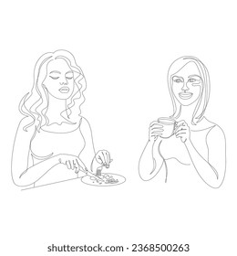 Collection. Silhouette of a girl. Lady eats with fork and knife in modern single line style. Continuous line drawing, decor outline, posters, stickers, logo. Vector illustration set.