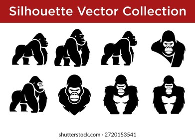 Colección de Vectores de gorila de silueta aislados sobre fondo blanco