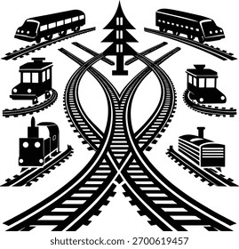 Uma coleção de gráficos de silhueta com trilhas ferroviárias e vários conjuntos de trens, ideais para o transporte e temas industriais.