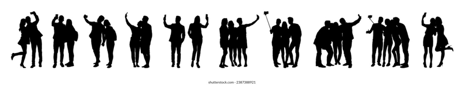 Collection of silhouette group of people taking selfie groupfie in different poses vector set.	