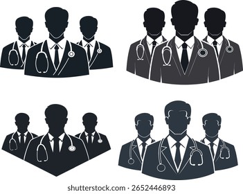 Collection of Silhouette Groups of Male Doctors Wearing Stethoscopes and Suits