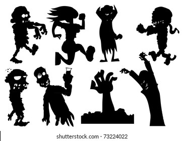 Collection Of Silhouette Halloween Characters Including Zombies And Vampires