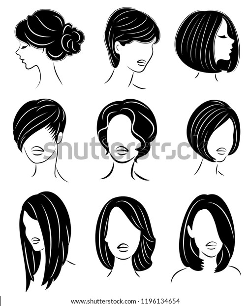 コレクション 美しい女性の頭のシルエット 女の子は 長髪 中髪 短髪の女性の髪型を示す ロゴ 広告に適しています ベクターイラストのセット のベクター画像素材 ロイヤリティフリー