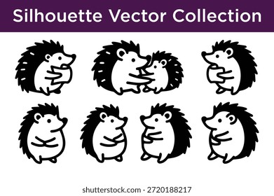 Collection of silhouette hedgehogs isolated on white background