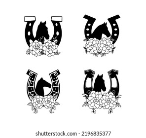 Collection of Silhouette Horse-head on Horseshoe with Flower Illustrations 