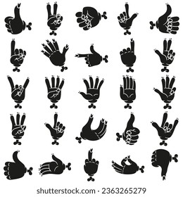 Collection of silhouette icon illustrations of various zombie hand poses and symbols