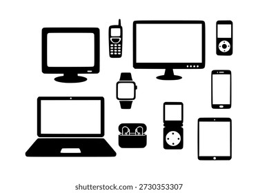 Kollektion von Silhouettensymbolen mit neuen und alten Gadgets, einschließlich moderner und Vintage-Technologie-Geräte. Konzept zur Darstellung der technologischen Entwicklung, der digitalen Transformation, der Innovation.