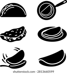 Collection of silhouette icons featuring tacos and crepes. Displays various forms of prepared food, cooking process, and serving suggestions for meals.