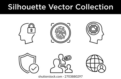 Una colección de íconos de siluetas que representan conceptos de seguridad, identidad y tecnología.