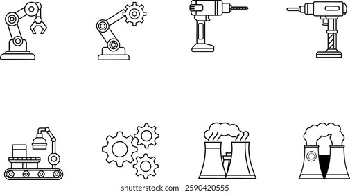 A collection of silhouette icons showcasing automated industry, heavy machinery, and tools used in modern manufacturing and robotics.

