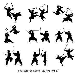 Collection of silhouette illustrations of battle fighting samurai ninja