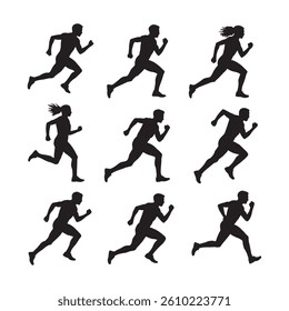 collection of silhouette illustrations depicting male and female runners in various running postures, ideal for fitness, health, and sports design projects.