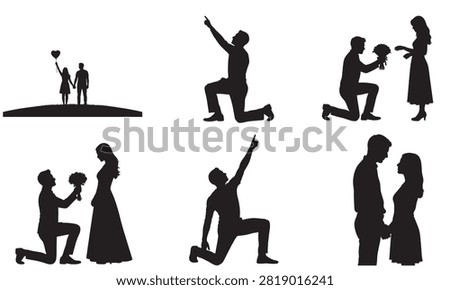 A collection of silhouette illustrations featuring couples in romantic scenes, including marriage proposals and holding heart shaped balloons.