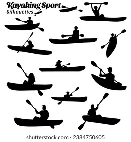 Collection of Silhouette illustrations of kayaking water sports