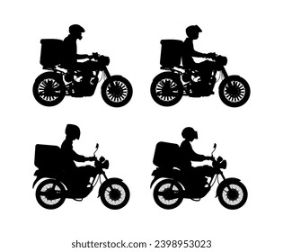 Collection of silhouette illustrations of male motorcycle pizza delivery men, couriers and postmen