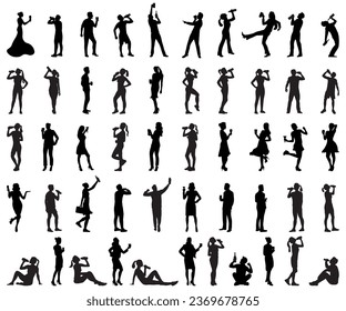 a collection of silhouette illustrations of men and women drinking while standing while carrying bottles of coffee and wine