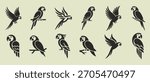 Collection of silhouette illustrations of various macaw parrots in different poses and flight patterns