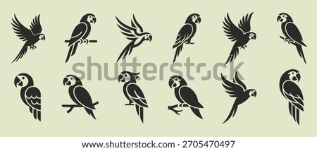 Collection of silhouette illustrations of various macaw parrots in different poses and flight patterns