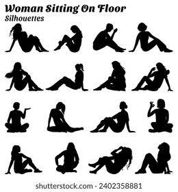 Collection of silhouette illustrations of woman sitting on floor