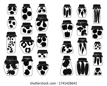 Collection of  silhouette jars for canning vegetables, fruits and jam. Variety of preserved food in glass jars - pickles, jam, marmalade, sauces, ketchup. Autumn canning. Conservation of harvest.