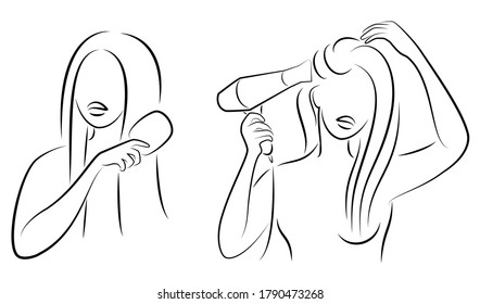 Collection. Silhouette of a lady. The girl combs her hair with a comb. The lady dries her long hair with a hairdryer herself. Vector illustration set.