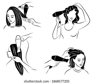 Colección. Silhouette de una dama. La chica se peina el pelo con un peine. La señora se está secando el pelo largo con un secador de pelo. Conjunto de ilustraciones vectoriales.