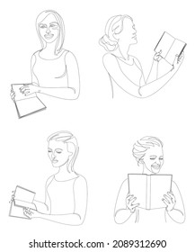 Collection. Silhouette of a lady. The girl is reading a book in a modern one-line style. Solid drawing, home decor sketches, posters, wall art, stickers, logo. Vector illustration set.