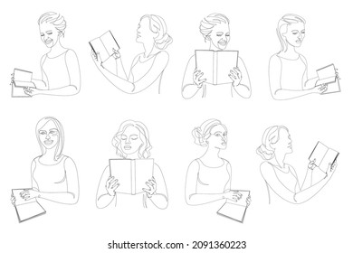 Collection. Silhouette of a lady. The girl is reading a book in a modern one-line style. Solid drawing, home decor sketches, posters, wall art, stickers, logo. Vector illustration set.