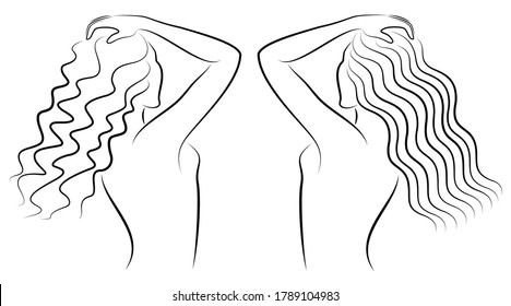 Collection. Silhouette Of A Lady With Long Wavy Hair. Vector Illustration Set.