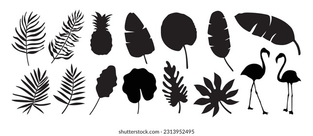 Collection of silhouette leaf elements. Set of tropical plants, leaf branch, banana leaves, pineapple, palm, foliage, flamingo. Hand drawn of botanical vectors for decor, website, graphic, decorative.