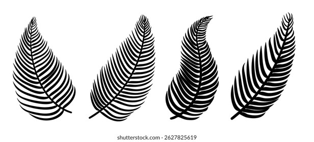 Collection of silhouette leaf elements. Set of tropical plants, leaf branch, palm, coconut, foliage, flower. Hand drawn of botanical vectors for decor, website, graphic, decorative.