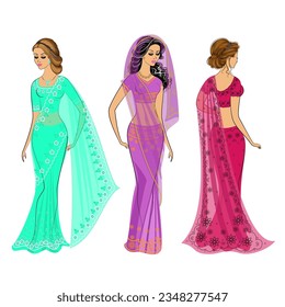 Collection. Silhouette of lovely ladies. The girls are dressed in saris, traditional Indian national clothes. Women are young and beautiful. Set of vector illustrations.